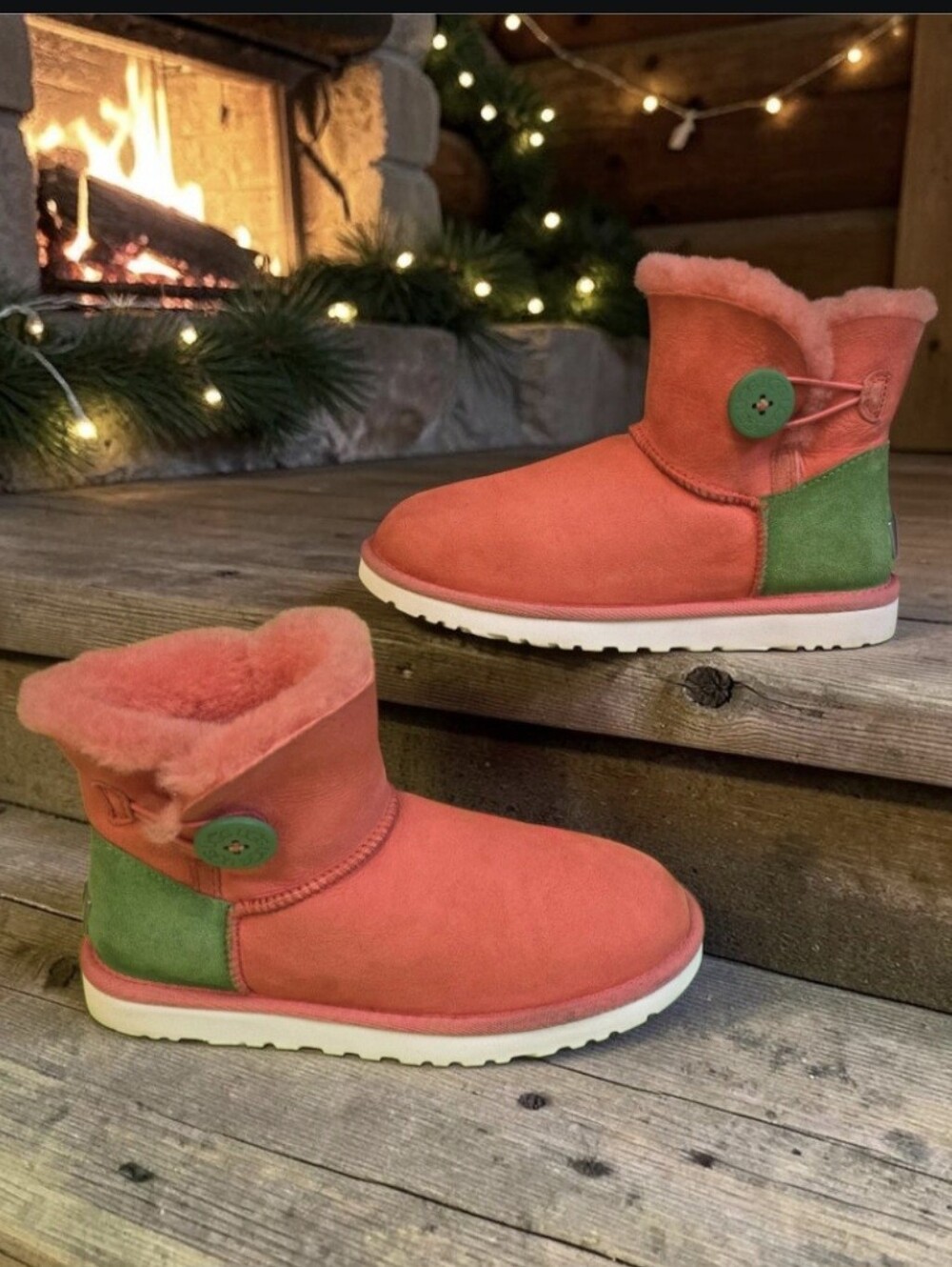 RARE UGG Mini Bailey Button Neon Pink Green Boots Sorority Christmas Elf 1004318